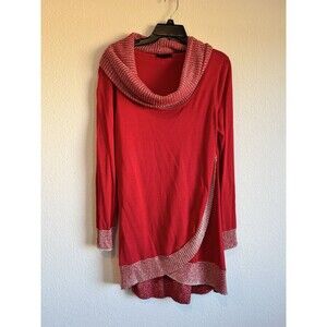 Fontana Women's Red Cowl Neck Tunic Sweater Metallic Knit Accent Large